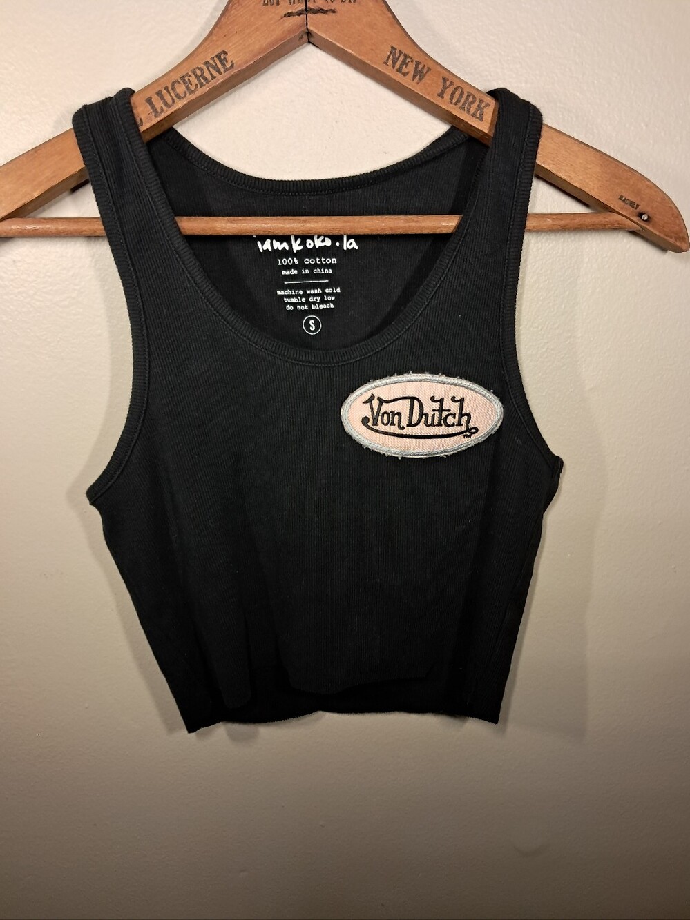 Von Dutch Black Ribbed Crop Tank with Oval Logo Patch Iamkokola